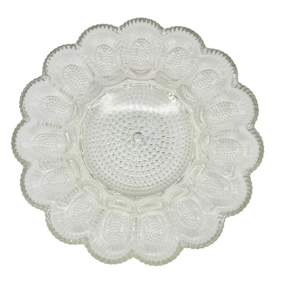 Deviled Eggs Plate Clear Glass Dimpled Holds 15 Eggs 11" Round - Picture 1 of 7